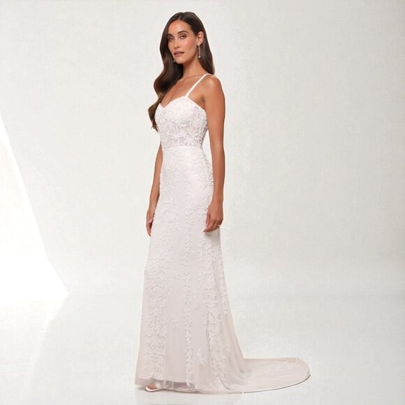 Lulus Momentous Love White Beaded Bustier Mesh Mermaid Maxi Dress Size Large - Picture 2 of 16